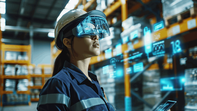 Ingeniera con gafas de realidad aumentada en almacén, ejemplo de transformación digital e Industria 4.0.