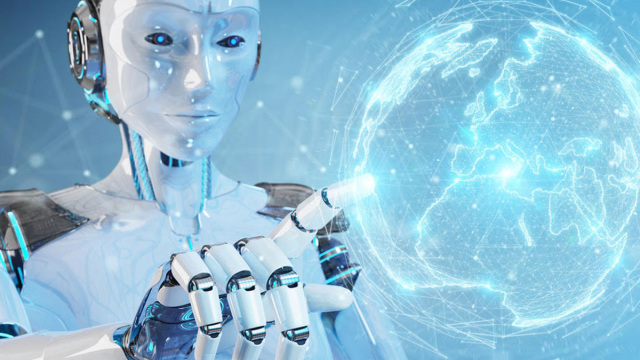 Robot inteligente tocando un globo digital, simbolizando la Ley de IA y su impacto en la conectividad empresarial y las soluciones SD-WAN.