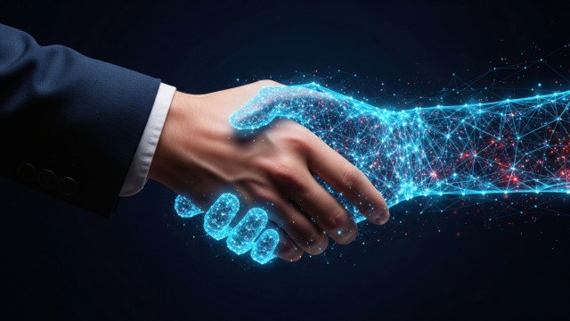 Mano humana estrechando mano digital, simbolizando la Estrategia IA 2030 y la competitividad empresarial.