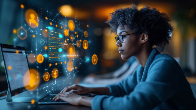 Profesional gestionando red en portátil con panel digital, ilustrando SD-WAN de última generación integrada con seguridad SASE.