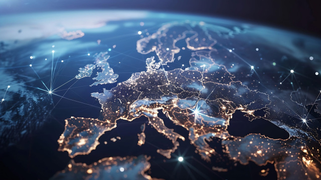 Mapa nocturno de Europa conectada ilustrando la evolución de la conectividad empresarial de MPLS a SD-WAN.