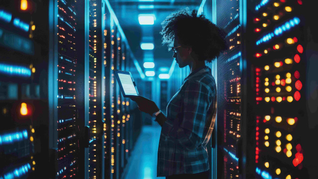 Profesional supervisando servidores en centro de datos, pieza clave de la transformación digital.