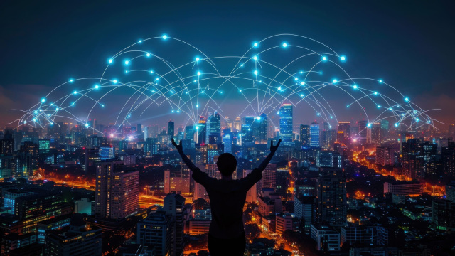 Persona frente a ciudad conectada con infraestructura de redes.