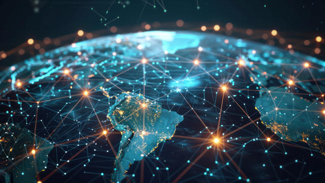 Visualización abstracta de un mapa mundial con nodos y conexiones digitales que representan redes globales de datos y comunicaciones.
