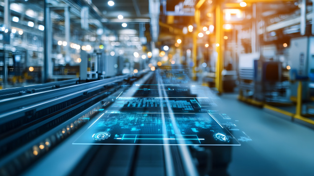 Entorno industrial digitalizado con paneles de datos superpuestos que simbolizan la evolución regulatoria en telecomunicaciones y la transformación del marco europeo de comunicaciones electrónicas.