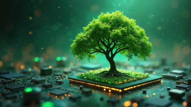 Árbol creciendo sobre un microchip que simboliza la integración de la sostenibilidad y la eficiencia energética en las infraestructuras tecnológicas y los entornos digitales.