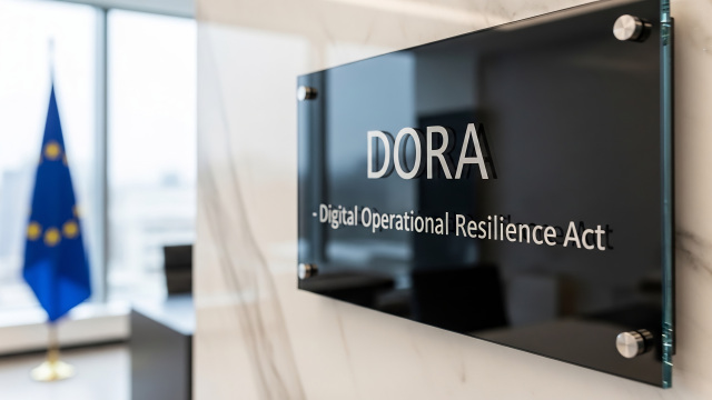 Placa identificativa del reglamento DORA que representa la resiliencia operativa digital y el nuevo marco europeo para la gestión de riesgos TIC en el sector financiero.