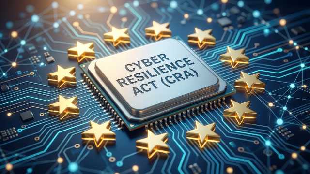 Microchip con la inscripción «Cyber Resilience Act (CRA)», rodeado de estrellas de la Unión Europea y circuitos electrónicos, símbolo de la ciberresiliencia y la seguridad digital europea.
