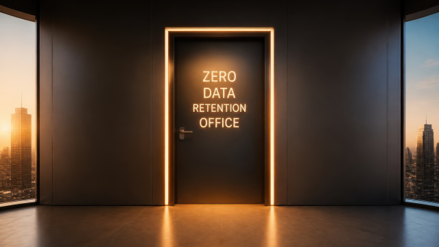 Puerta de oficina con el mensaje «Zero Data Retention», concepto de retención cero de datos en inteligencia artificial generativa.