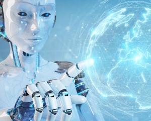 Robot inteligente tocando un globo digital, simbolizando la Ley de IA y su impacto en la conectividad empresarial y las soluciones SD-WAN.