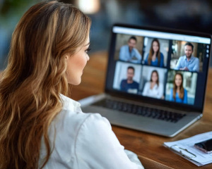 Profesional en videollamada remota, ejemplo de teletrabajo seguro y eficiente con SAIWALL Secure SD-WAN.