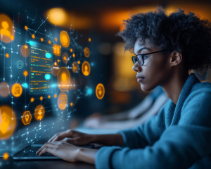 Profesional gestionando red en portátil con panel digital, ilustrando SD-WAN de última generación integrada con seguridad SASE.