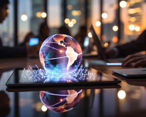 Globo digital conectado sobre tablet en reunión empresarial, ilustrando ciberseguridad, ciberresiliencia y el papel de SAIWALL SD-WAN en la red.