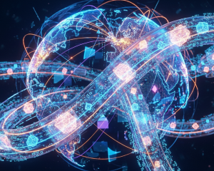 Representación abstracta del planeta Tierra rodeado de flujos de datos y conexiones digitales que simbolizan la interconexión global y el intercambio continuo de información.